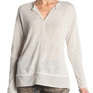 Sanctuary Knit Mixed Media Sweater V Neck Front Cut Neutral Minimalist Medium